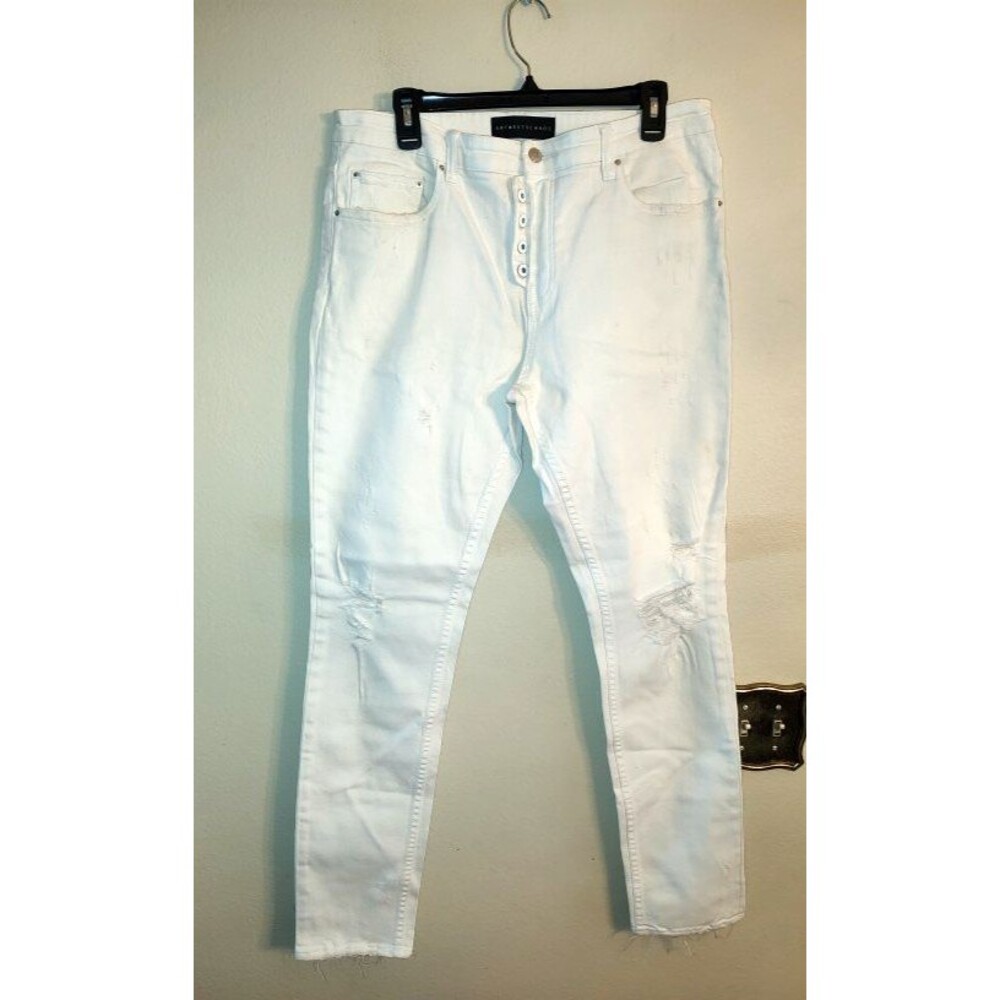 Men's Art Meets Chaos Exposed Button Fly Jeans White Distressed Jeans Sz 36 X 31